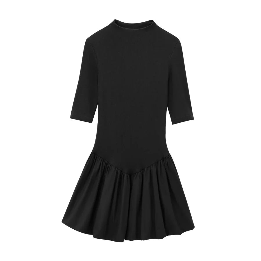 Women's Slim Patchwork Poplin Mini Dress – Short Sleeve Standing Collar Preppy Style Dress for Autumn Winter