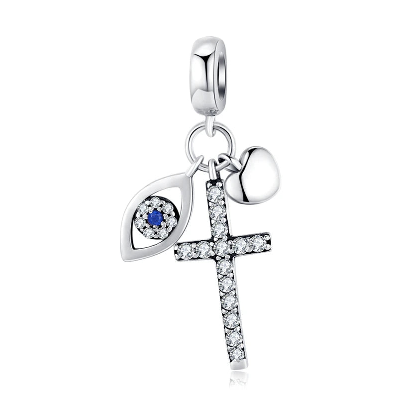 925 Sterling Silver Family Heart Cross Charm – Clear 5A Crystal Bead for Bracelets & Necklaces