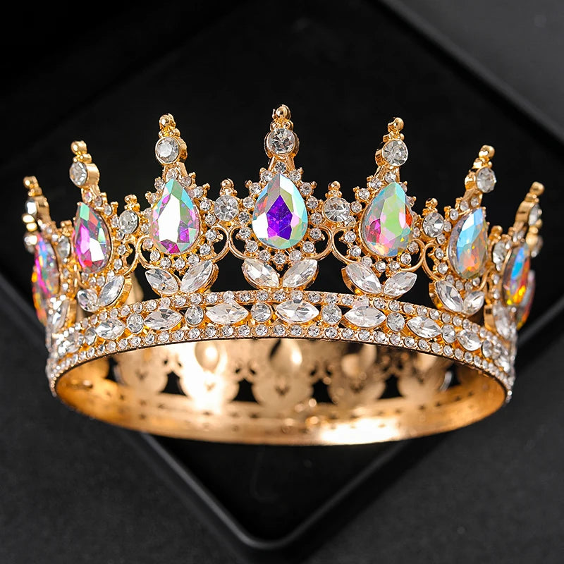 Baroque Round Rhinestone Wedding Crown – Vintage Crystal Tiara Headpiece for Bridal, Queen, or Pageant Looks