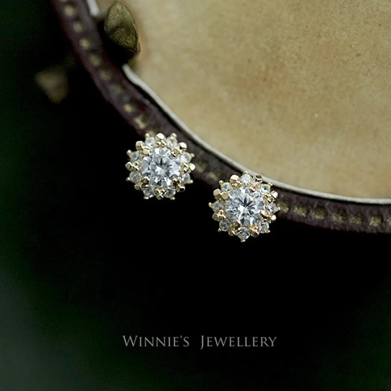 925 Sterling Silver Sun-Shaped Stud Earrings with 14K Gold Plating and Sparkling Zircon – Elegant Women's Wedding & Party Jewelry
