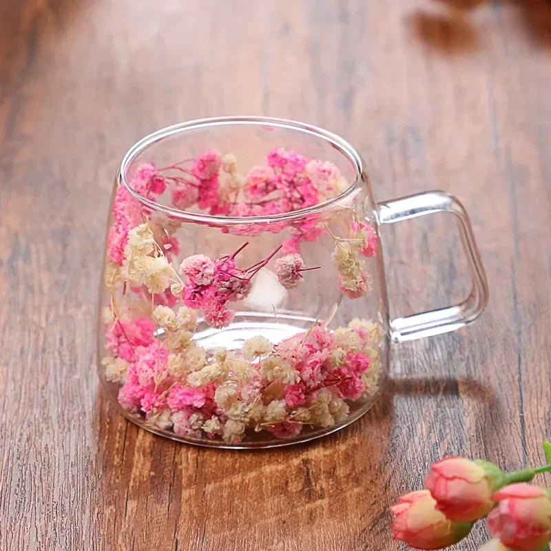200ml Double-Wall Glass Coffee Cup with Handle – Transparent Floral Design, Heat-Resistant Insulated Juice Mug