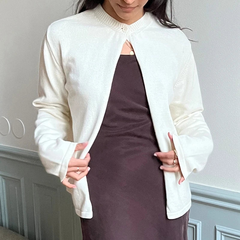 Women's Y2K Slim Fit Knitted Cardigan – One Button O-Neck Long Sleeve Pullover Sweater for Autumn and Winter Vintage Style