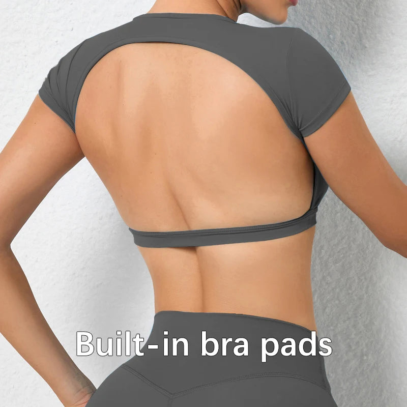 Backless Breathable Workout Crop Top – Short Sleeve Sports Shirt for Women