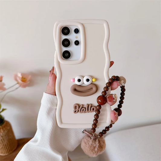 Cute Cartoon Wave Case with Wrist Chain for Samsung Galaxy S25/S24/S23/S22/S21/S20 FE & A Series – 3D Lanyard TPU Cover with Beaded Bracelet