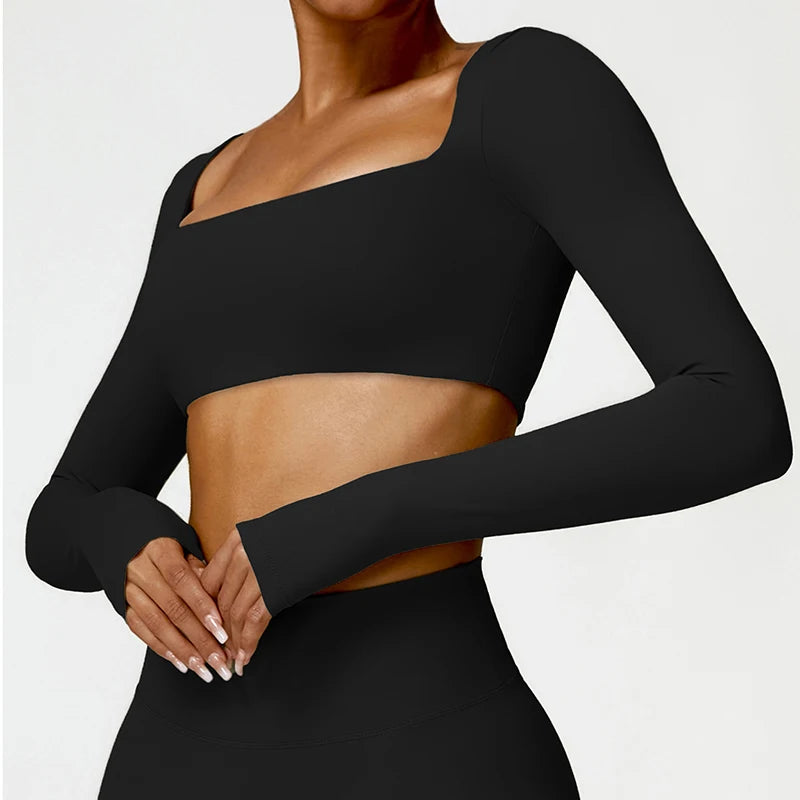 Square Neck Long Sleeve Sports Crop Top – Quick-Dry Yoga & Training Shirt for Women
