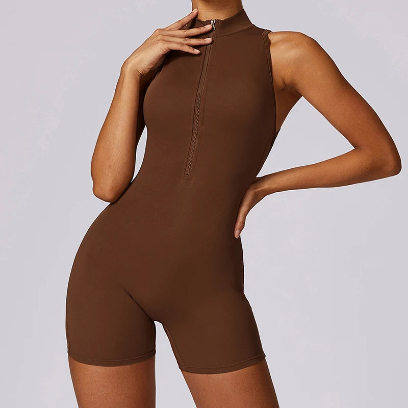 V-Back Scrunch Sports Jumpsuit for Women – Sleeveless Zipper One-Piece Gym Romper for Yoga & Fitness