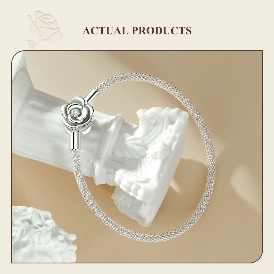 Sterling Silver Rose Buckle Charm Bracelet – 925 Silver Classic DIY Bead Chain for Women, 17CM/19CM/21CM