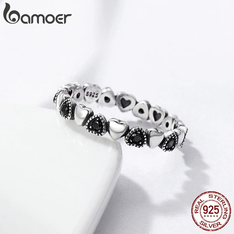 Stackable Heart Ring in 925 Sterling Silver with Black CZ – Romantic Wedding Band for Women