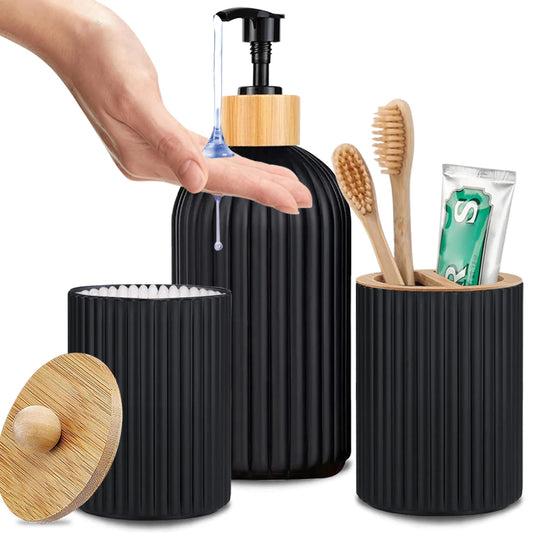 Bathroom Countertop Organizer – Hand Soap Dispenser, Cotton Ball Storage Box, and Toothbrush Holder with Bamboo Accents