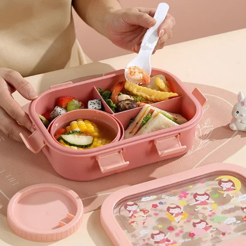 Cartoon Compartment Lunch Box for Kids – Leakproof Bento with Soup Bowl and Utensils, Microwave-Safe Meal Storage
