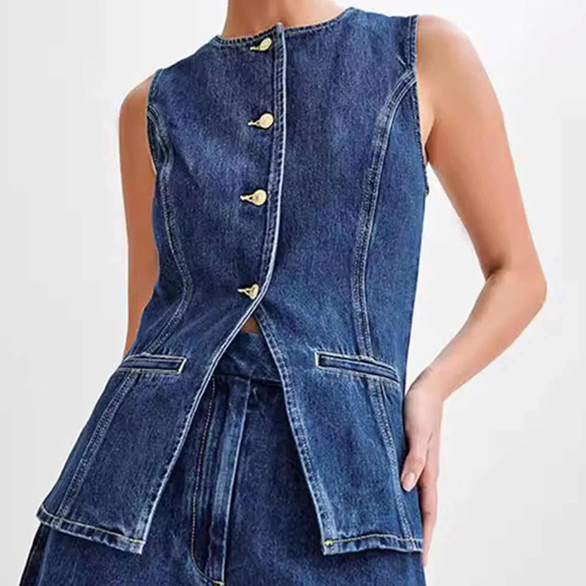 Women's Summer Denim 2-Piece Set – Sleeveless Button-Up Vest Top and High Waist Wide Leg Shorts for Casual or Office Wear