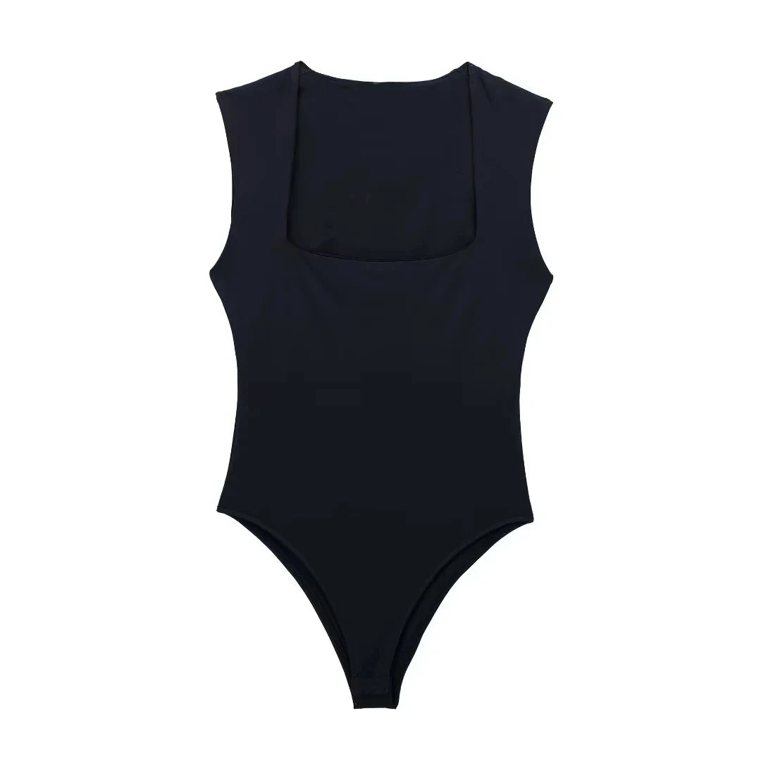 Square Neck Sleeveless Bodysuit – Skinny Fit One-Piece for Women, Solid Color Streetwear Style