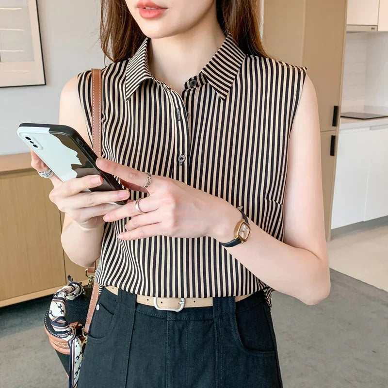 Striped Sleeveless V-Neck Blouse for Women – Slim Fit Chiffon Office Shirt, Elegant Summer Fashion