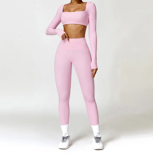 2PCS Quick-Dry Yoga Workout Set – Long Sleeve Top & High Waist Leggings for Women