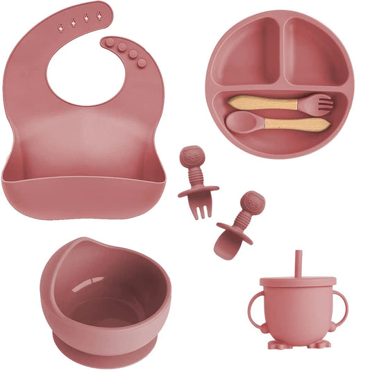 Children's Silicone Tableware Set – 6/8-Piece Baby Feeding Kit with Suction Bowl, Fork, Spoon, Bib, Straw & Cup