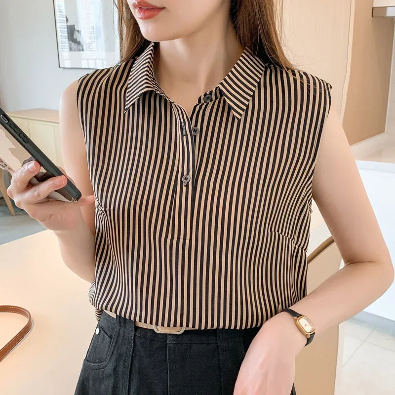 Striped Sleeveless V-Neck Blouse for Women – Slim Fit Chiffon Office Shirt, Elegant Summer Fashion