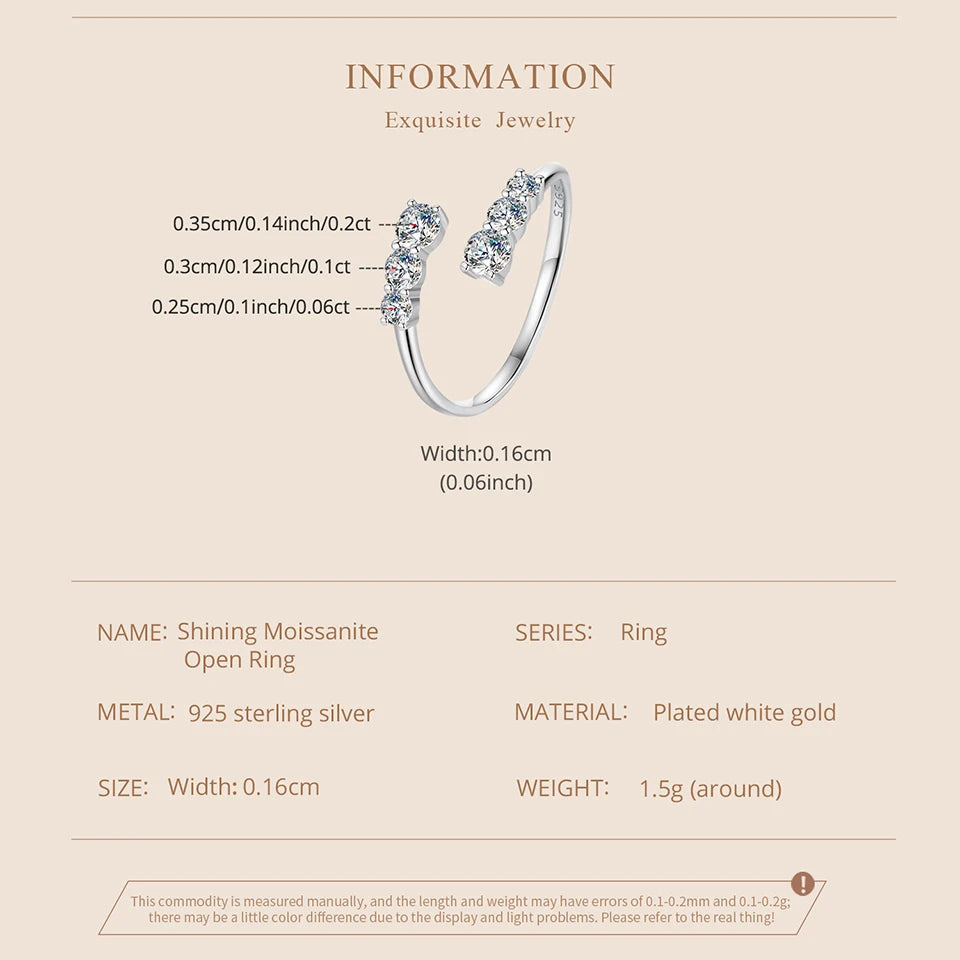 Adjustable Moissanite Open Ring – White Gold Plated 925 Sterling Silver with D Color VVS1 Stone for Women