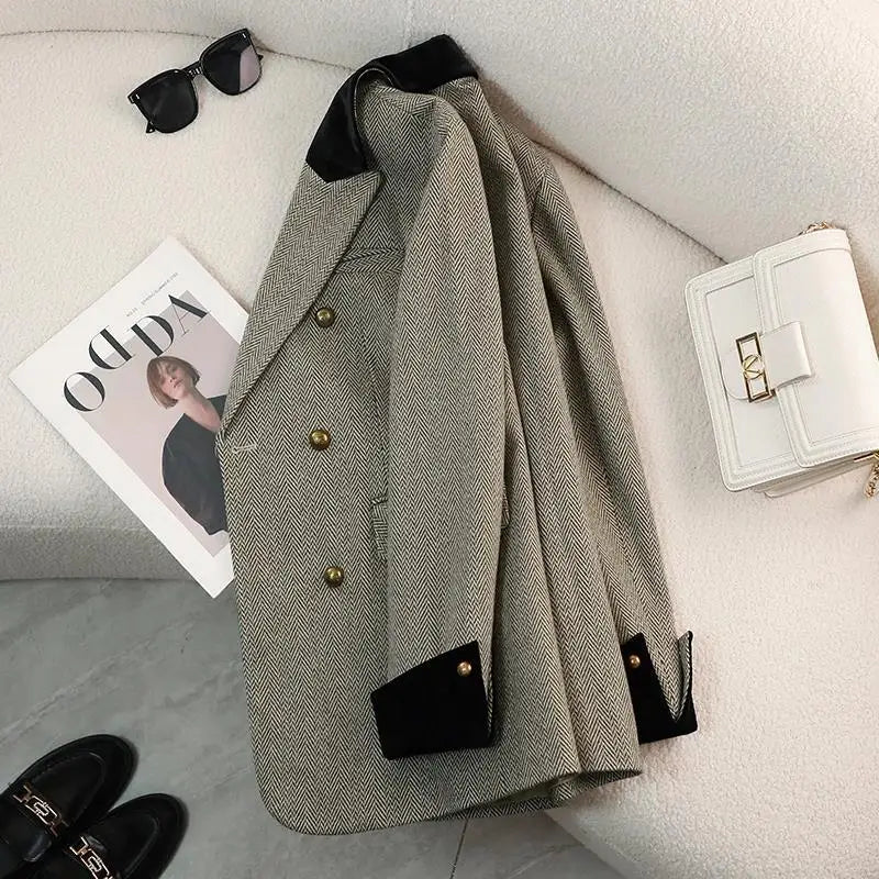 Women's Plus Size Thick Vintage Blazer – Notched Collar Double-Breasted Autumn Winter Jacket