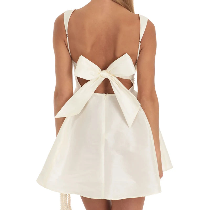 Women's Y2K Spaghetti Strap Mini Dress – Sexy Backless Bow Low-Cut Bodycon A-Line Camisole for Summer Vintage Aesthetic