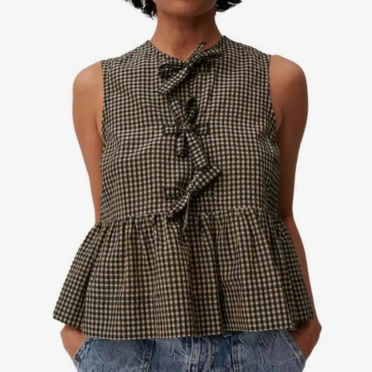 Women's Y2K Peplum Tank Top – Lace-Up Tie Front Sleeveless Crop Shirt with Ruffle Hem and Plaid Pattern for Summer Outfits