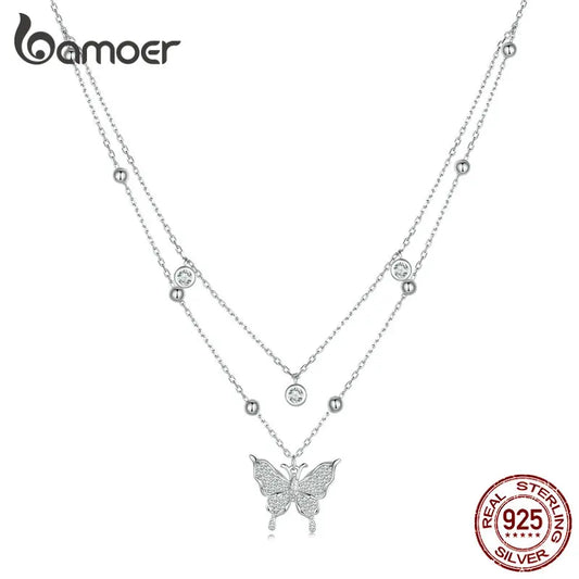 925 Sterling Silver Double-Layer Butterfly Tassel Pendant Necklace – Elegant Fine Jewelry for Women