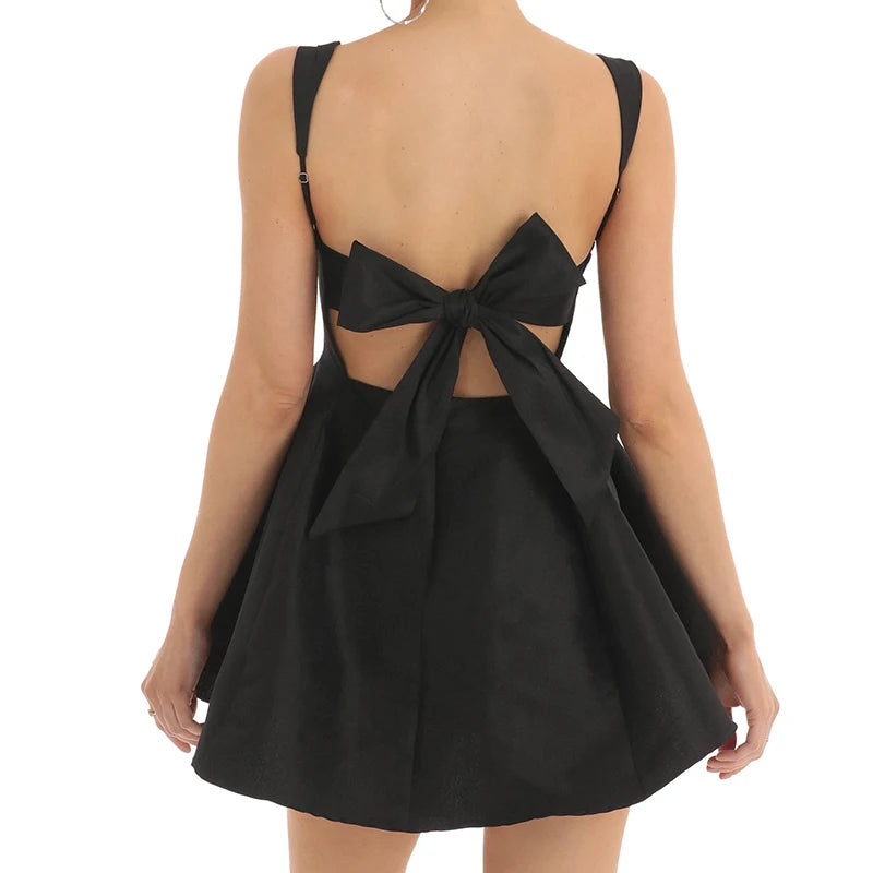 Women's Y2K Spaghetti Strap Mini Dress – Sexy Backless Bow Low-Cut Bodycon A-Line Camisole for Summer Vintage Aesthetic