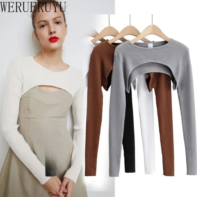 Women's Y2K Long Sleeve Crop Top – Slim Fit O-Neck Knitted Tee for Spring and Autumn Harajuku Aesthetic Fashion