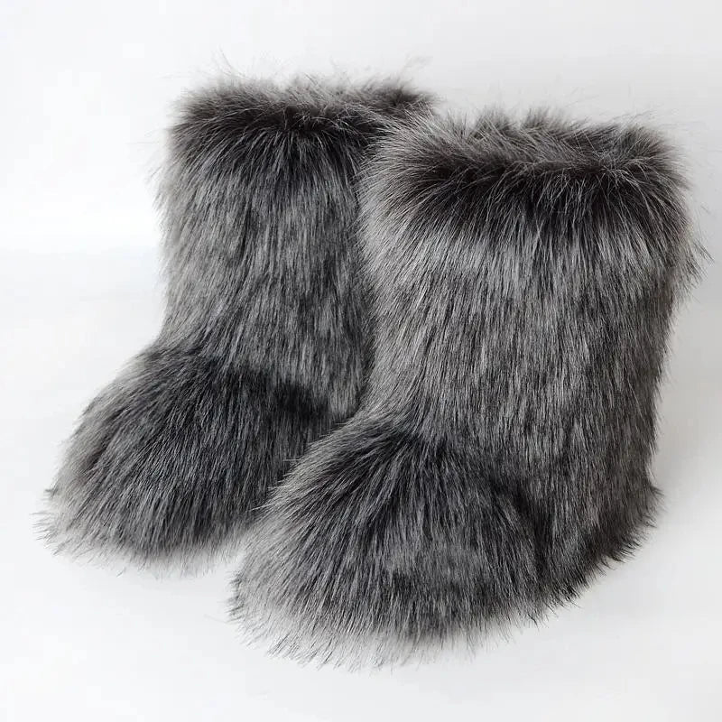 Women's Faux Fur Winter Snow Boots – Mid-Calf Plush Furry Slip-On Boots with Warm Lining and Rubber Sole