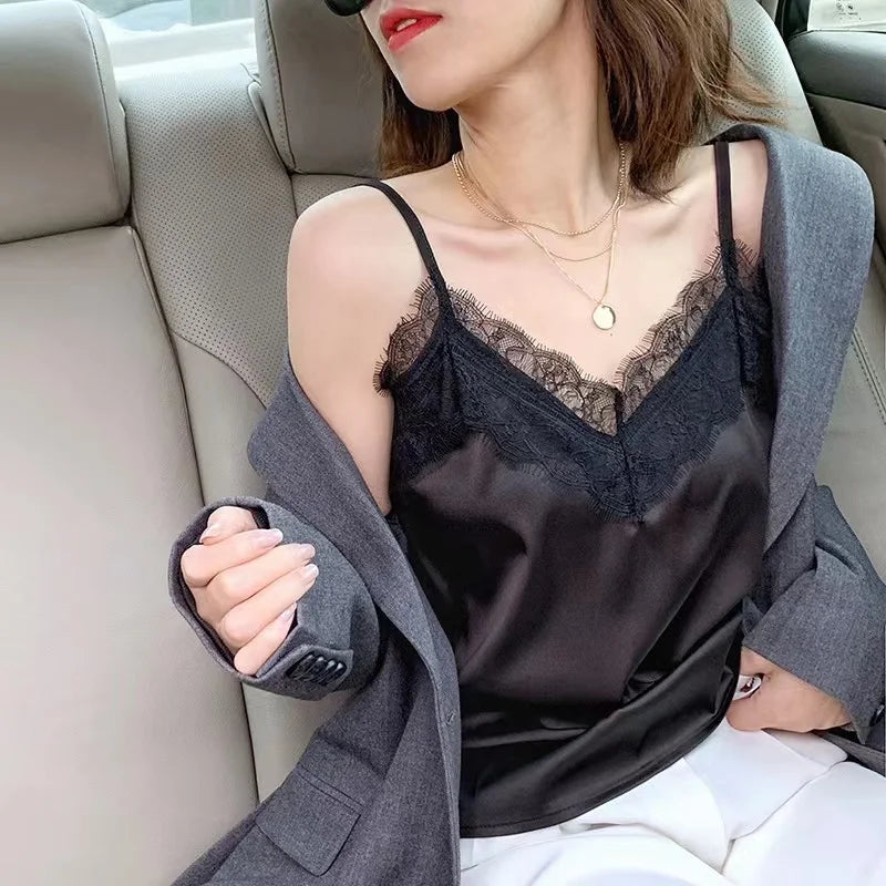 Summer Lace V-Neck Silk Tank Top – Women's Slim Fit Chiffon Camis Blouse for Office or Casual Wear