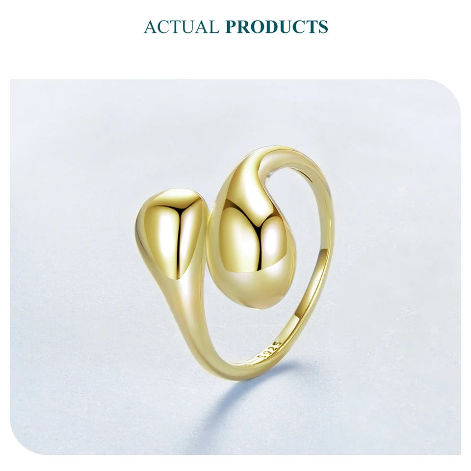 Chunky Gold Water Droplet Statement Ring – Adjustable 925 Sterling Silver Thumb Band for Women