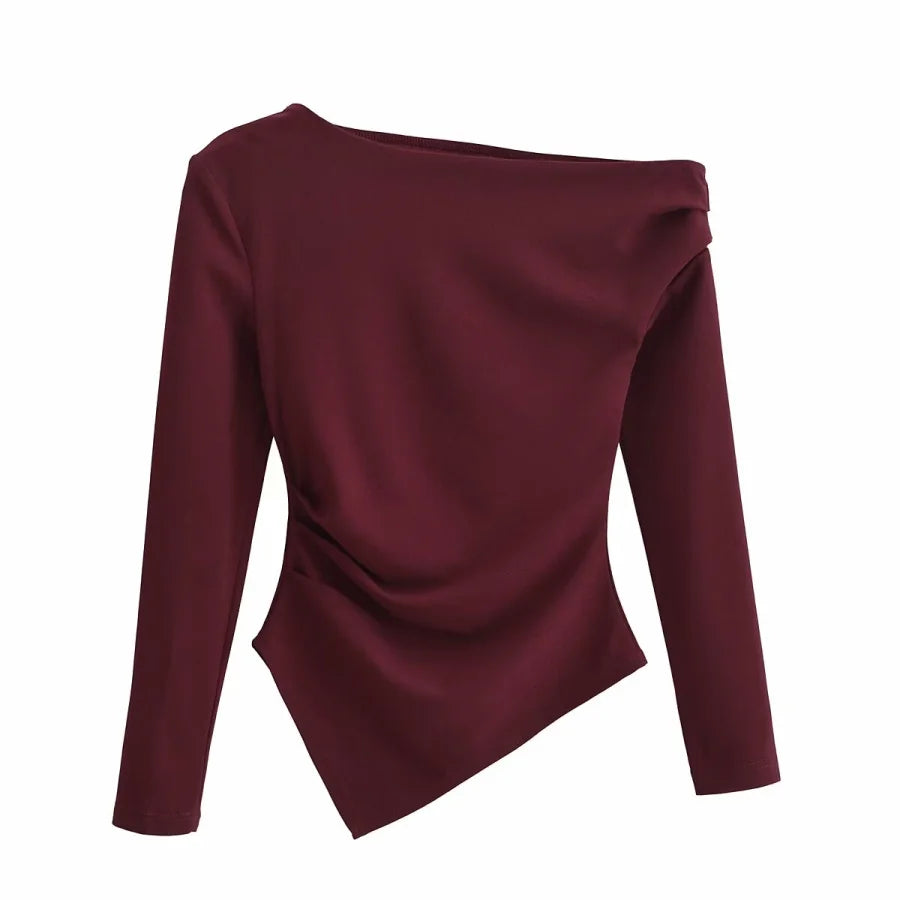 Asymmetrical Pleated Long Sleeve Top – European Style Slim Fit Tee for Women