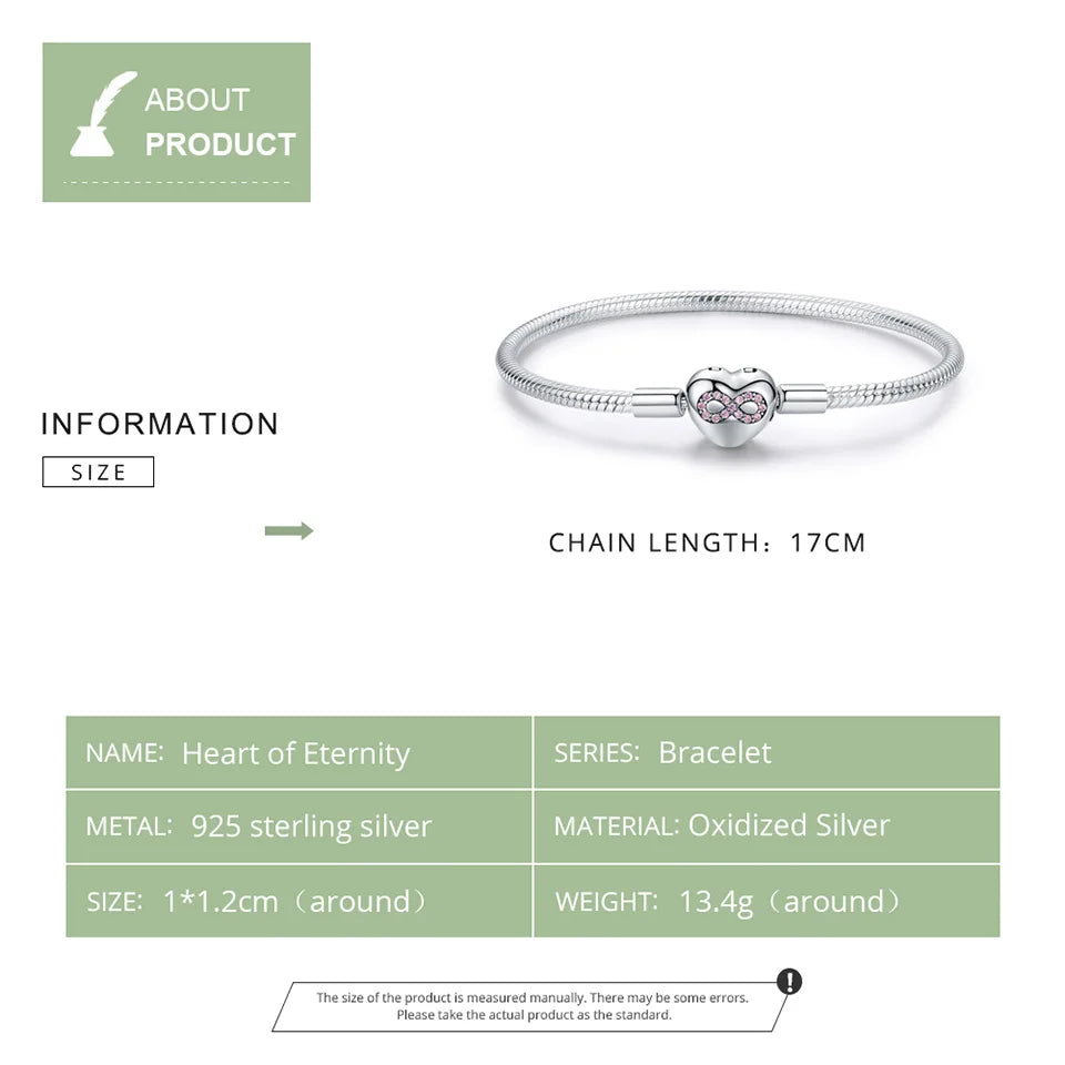Sterling Silver Infinity Heart Snake Chain Bracelet – 925 Silver 3mm Bangle for Women DIY Jewelry