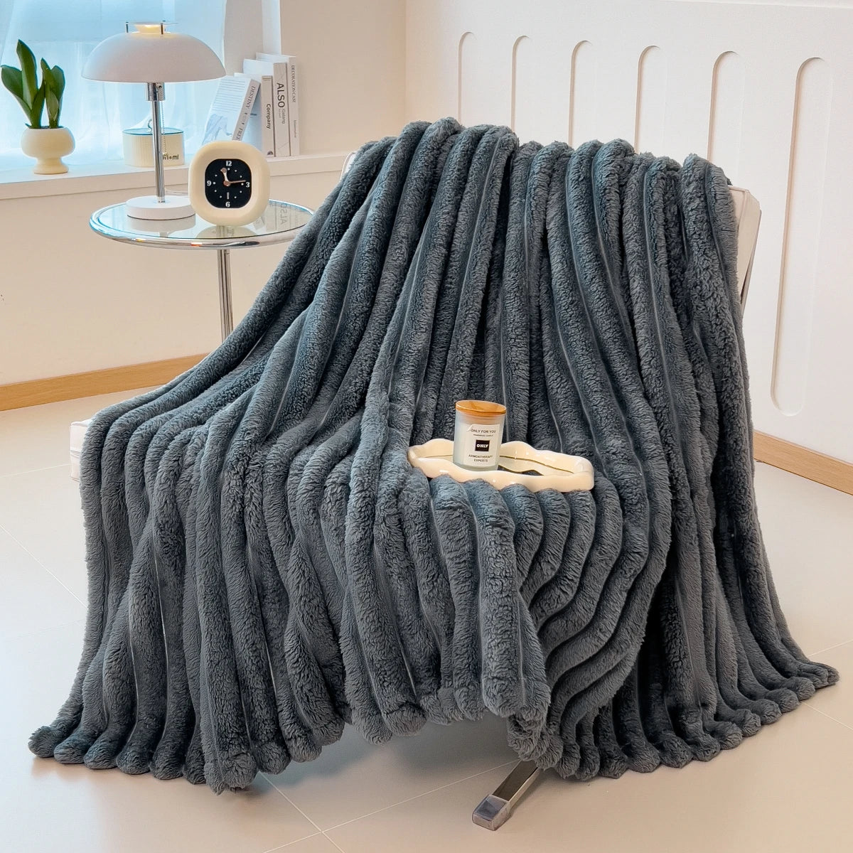 Solid Color Thickened Striped Blanket – Multifunctional Polyester Cover for Bed, Sofa, Naps, and Pets