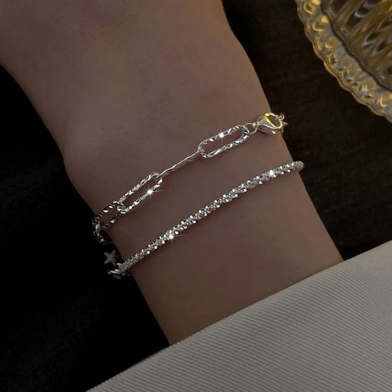 18K Gold Plated Adjustable Bracelet for Women – Rhinestone Heart Link with Square Zircon Charm