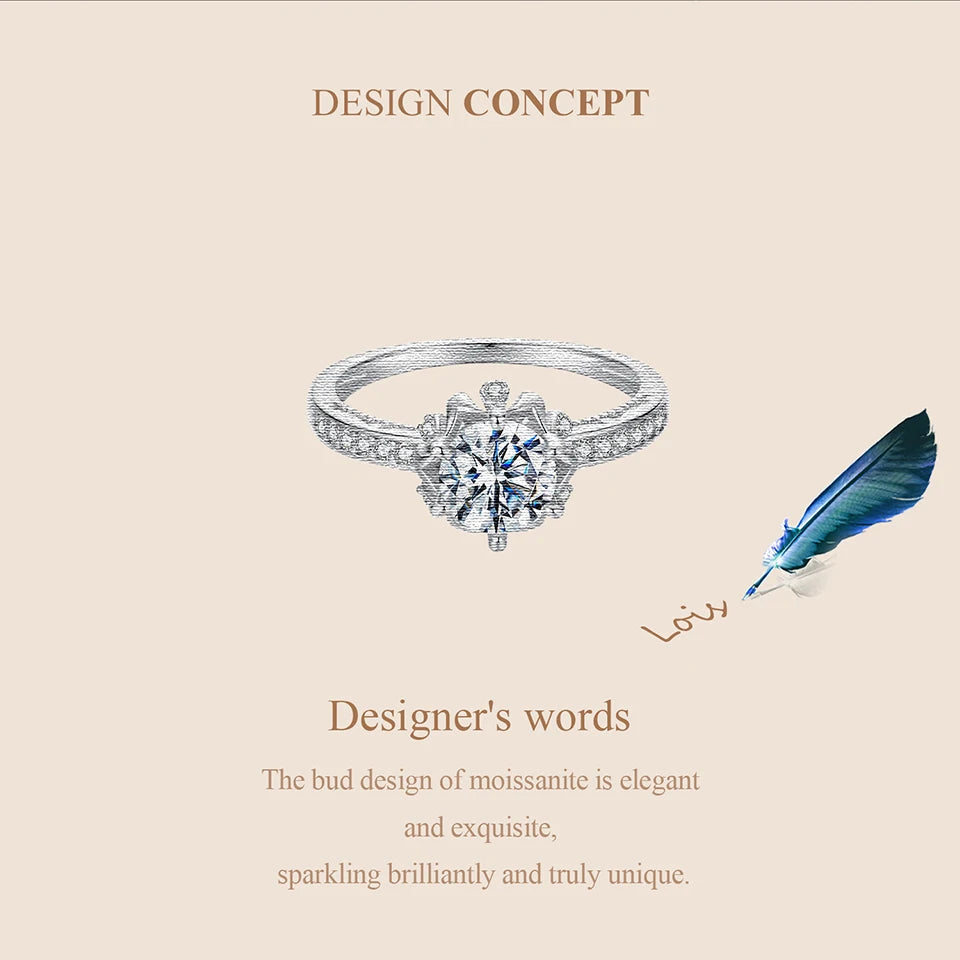 1 Carat Moissanite Flower Ring – D Color VVS1 Round Solitaire on 925 Sterling Silver Plant-Inspired Engagement Band for Women
