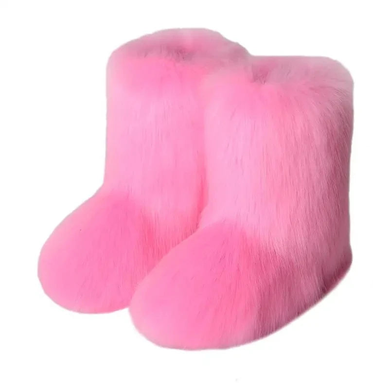 Women's Faux Fur Winter Snow Boots – Mid-Calf Plush Furry Slip-On Boots with Warm Lining and Rubber Sole