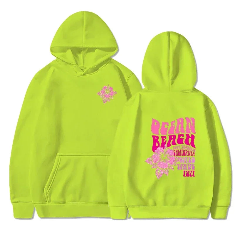 Beach Aesthetic Pink Hoodie with Ocean Flower Slogan – Casual Fleece Pullover Sweatshirt for Women