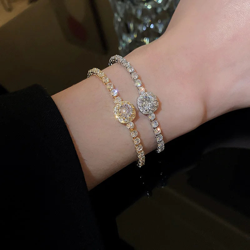 18K Gold Plated Adjustable Bracelet for Women – Rhinestone Heart Link with Square Zircon Charm