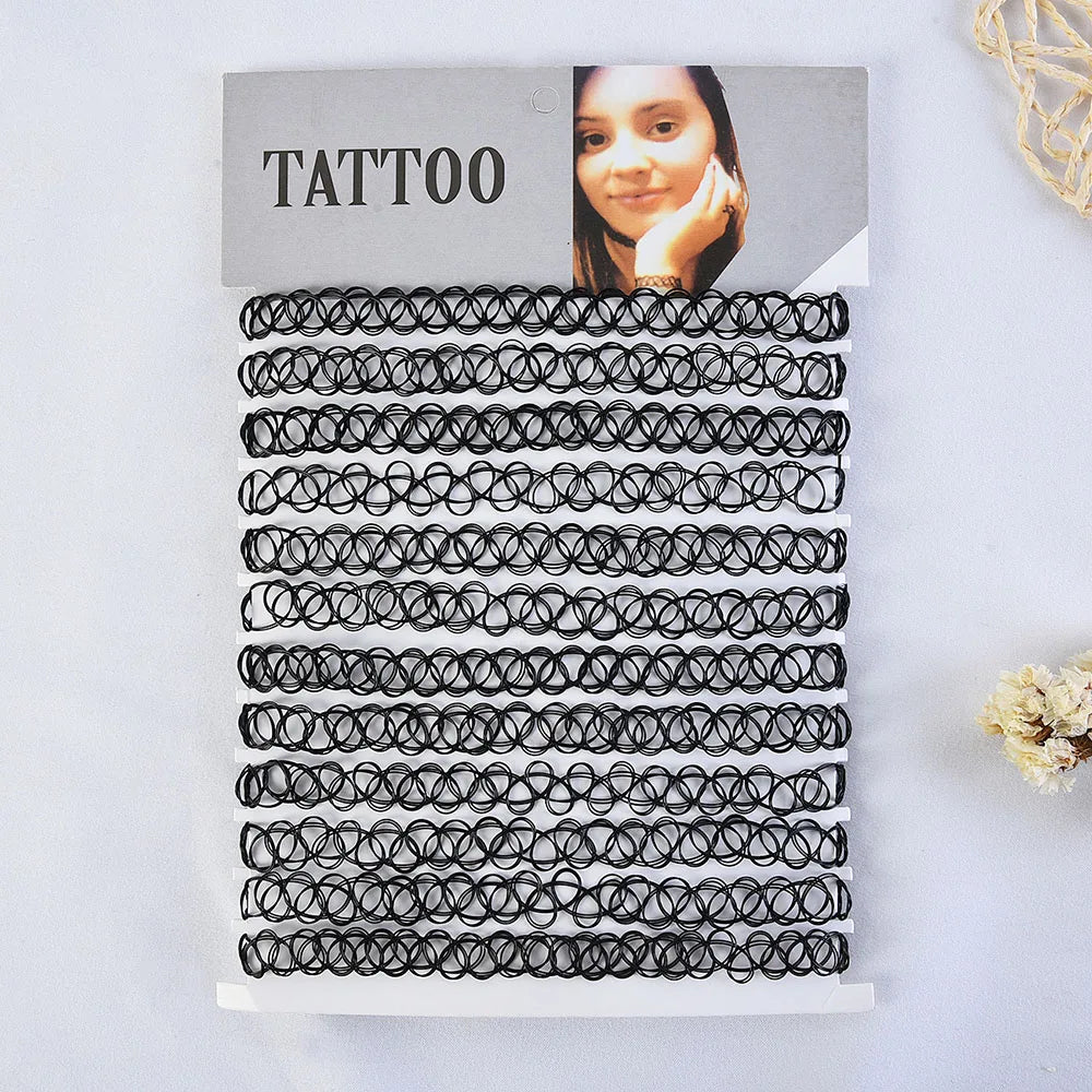 12-Piece Set Elastic Vintage Tattoo Choker Necklaces for Women – Stretchy Punk Style Neck Accessories