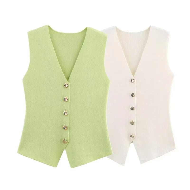 Women's Elegant V-Neck Sleeveless Knit Waistcoat – Button-Up Vest Jacket for Spring & Summer