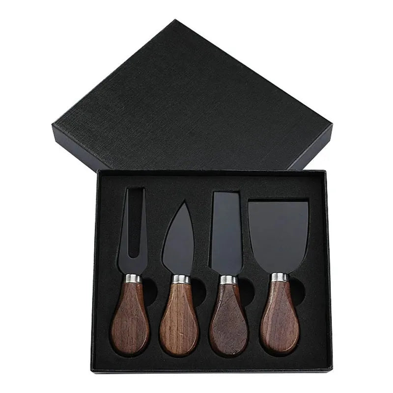 6/4pcs Stainless Steel Cheese Knives Set with Walnut Handle – Fork, Spreader, and Slicer with Gift Box