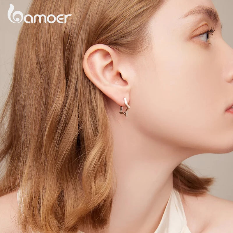 925 Sterling Silver Star-Shaped Hoop Earrings – Minimalist Starlike Design for Women
