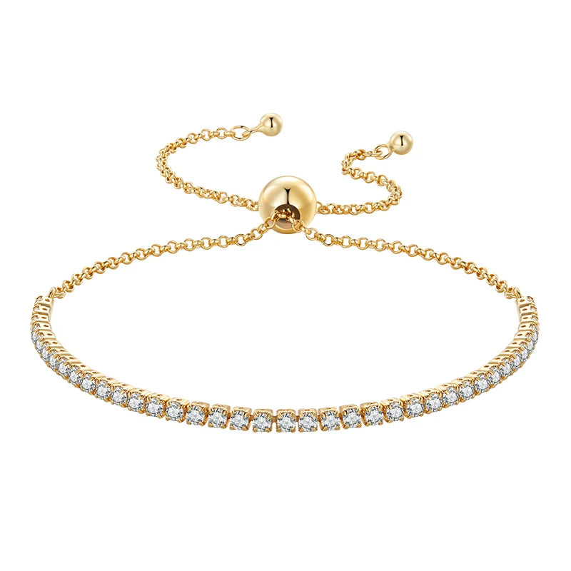 14K Gold Plated CZ Tennis Bracelet – Adjustable 925 Sterling Silver Slider Bracelet for Women
