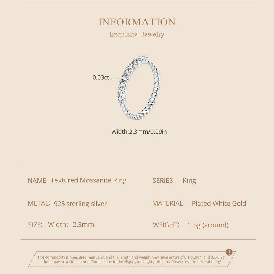 Textured Moissanite Half Eternity Band – 925 Sterling Silver Pave Ring with D Color VVS1 Stones for Women