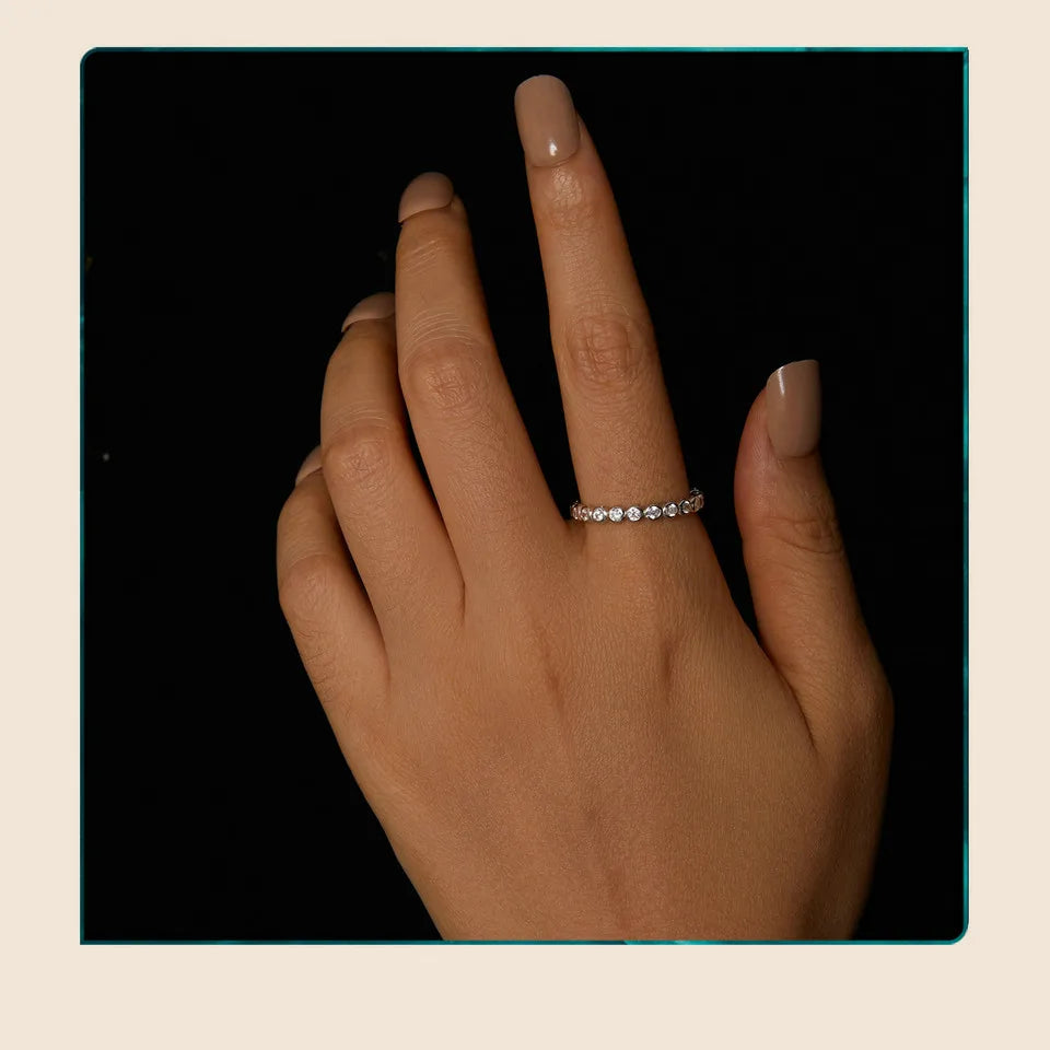 White Gold Plated Bubble Moissanite Ring – 925 Sterling Silver Bezel Set Full Eternity Band for Women
