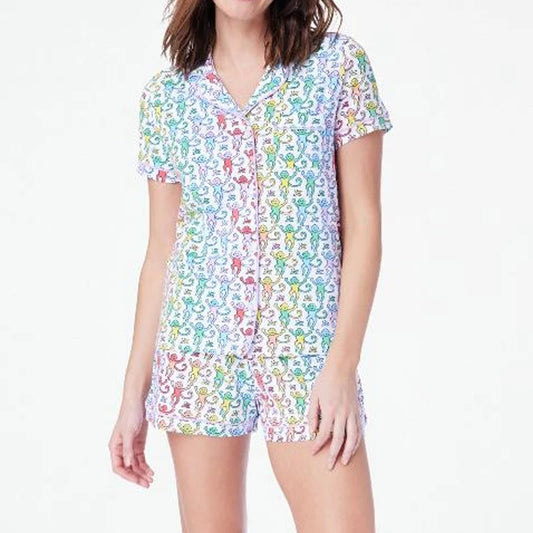 Women's Rainbow Monkey Print Pajama Set – Y2K Short Sleeve Button-Up Shirt and Shorts Lounge Sleepwear for Summer