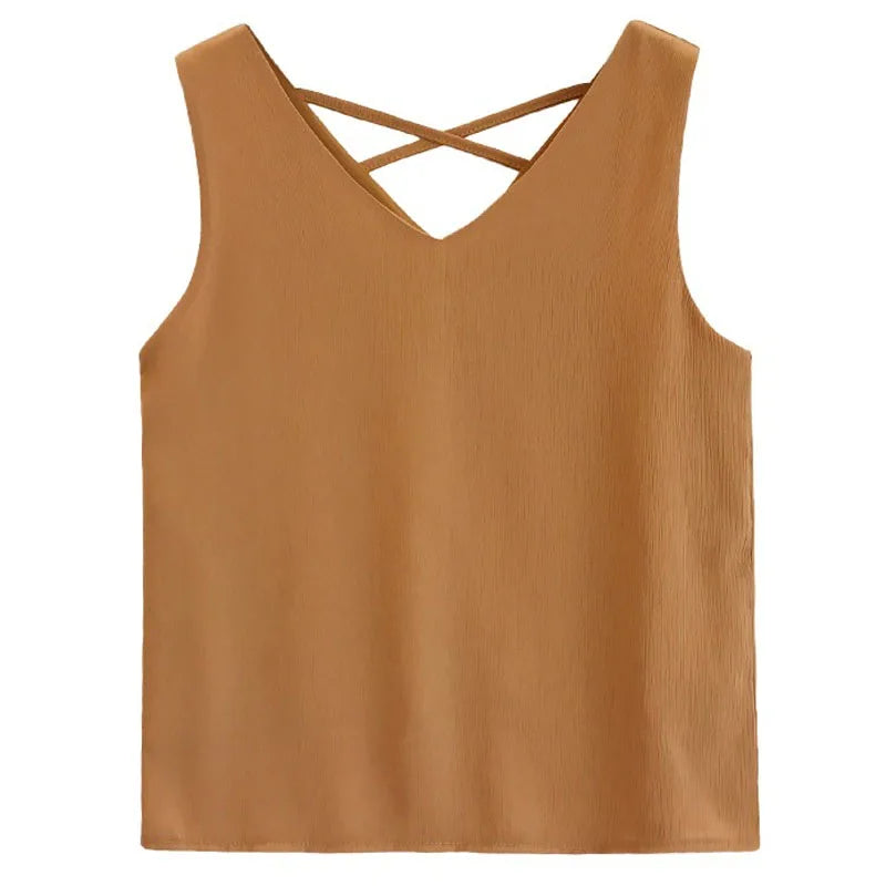 Chiffon V-Neck Sleeveless Blouse – Women's Loose Fit Summer Top in Solid Colors