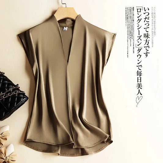Silk-Blend Coffee V-Neck Sleeveless Blouse – Chic Casual Pullover for Women, Summer Korean Fashion