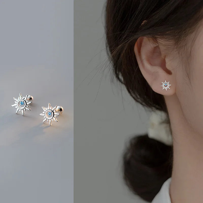 925 Sterling Silver Elegant Blue Zircon Sunburst Stud Earrings for Women – Dainty Crystal Star Earrings for Piercing, Party, and Everyday Wear