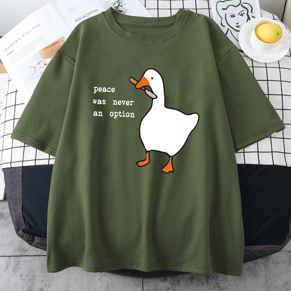 "Peace Was Never An Option" Graphic Cotton T-Shirt – Casual Loose Fit Cartoon Print for Men